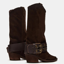 Load image into Gallery viewer, Women's Chunky Heel Ankle Boots – Pointed Toe Slip-On with Buckle Detail | Dark Brown