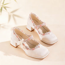 Load image into Gallery viewer, Women's Oriental Jacquard Satin Mary Jane Heels | Embroidered Lace Pearl Square Toe