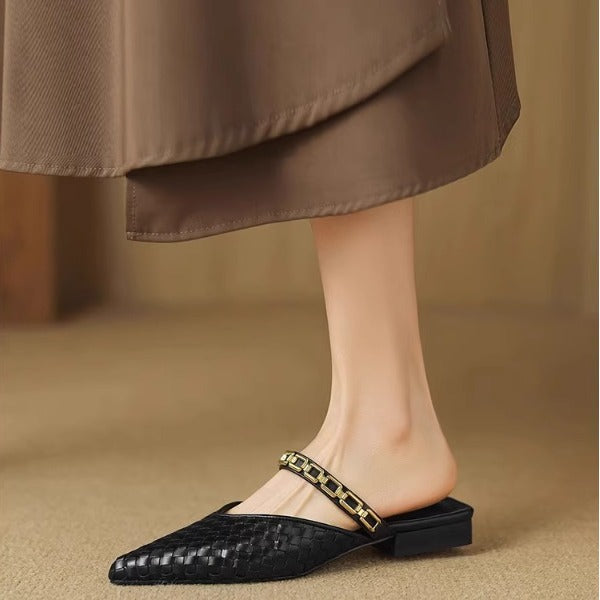 Women's Chain Strappy Pointed-Toe Flat Sandals | Low Heel Microfiber Dress Sandals