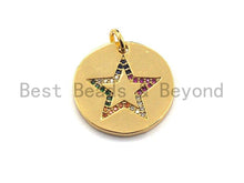 Load image into Gallery viewer, CZ Colorful Micro Pave Round Gold With Five Star Pendant, Coin Shaped Pave Pendant, Gold plated, 21x21mm, Sku#F869