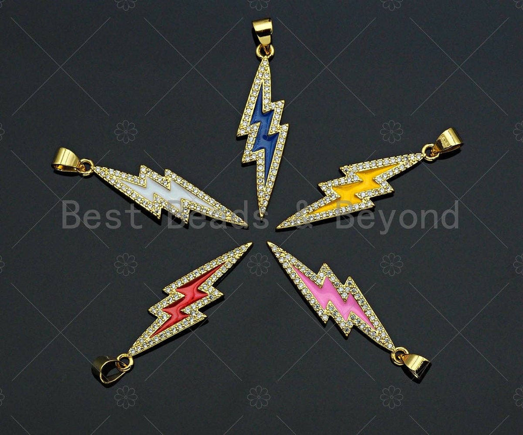 CZ Enamel Lightning Bolt Charm, Gold Finish Enamel CZ Pave lightning Sign Pendant, Pave Lightning Bolt Charm, 10x37mm, sku#LK116