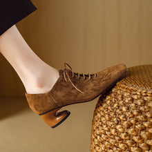 Load image into Gallery viewer, Women's Retro Sheepskin Chunky Heel Square Toe Pumps | Lace-Up Mid Heel Shoes