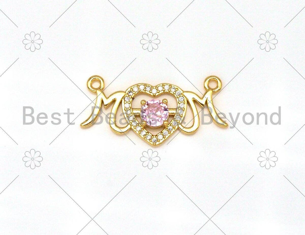 CZ Micro Pave Mom Word With Heart Shape Pendant/Charm, 18K Gold Filled Mom Charm, Mother's Day Charm,13x27mm,Sku#LK385