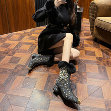 Load image into Gallery viewer, Women's Winter Fleece-Lined Chunky Heel Ankle Boots - Warm Rhinestone Split-Toe Booties