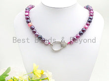 Load image into Gallery viewer, Purple Pink Agate Attachment Necklace with Large CZ Pave Silver clasp, 18 long, 8mm/10mm beads size, sku#D48