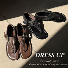 Load image into Gallery viewer, Women's Handwoven Cowhide Thong Sandals | Full-Grain Leather Ankle Buckle Flat Shoes