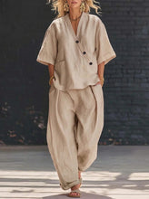 Load image into Gallery viewer, V-Neck Short Sleeve Top &amp; High-Waist Trousers Two-Piece Set