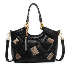 Load image into Gallery viewer, Diamond-Pattern Badge Shoulder Crossbody Bag for Women - PU Leather Bucket Bag with Chain Strap