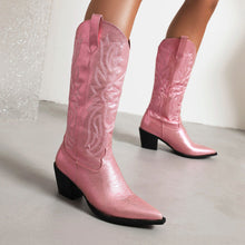 Load image into Gallery viewer, Women's Tall Western Boots – Embroidered Sequin Chunky Heel High Boot | Black, White &amp; Pink