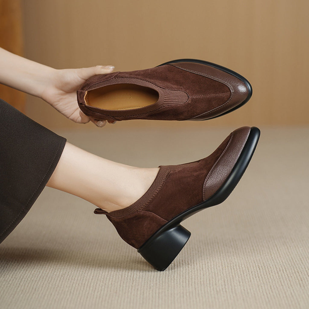 Women's Suede Mary Jane Chunky Heel Pumps - Round Toe Low Cut Single Strap Shoes