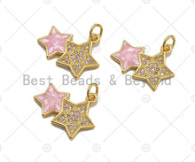Load image into Gallery viewer, Two Star Pink Pendant/Charm, Pink Mother-of-pearl Star Pendant, Cubic Zirconia Pendant, Gold Tone, 18x15mm, Sku#LK68