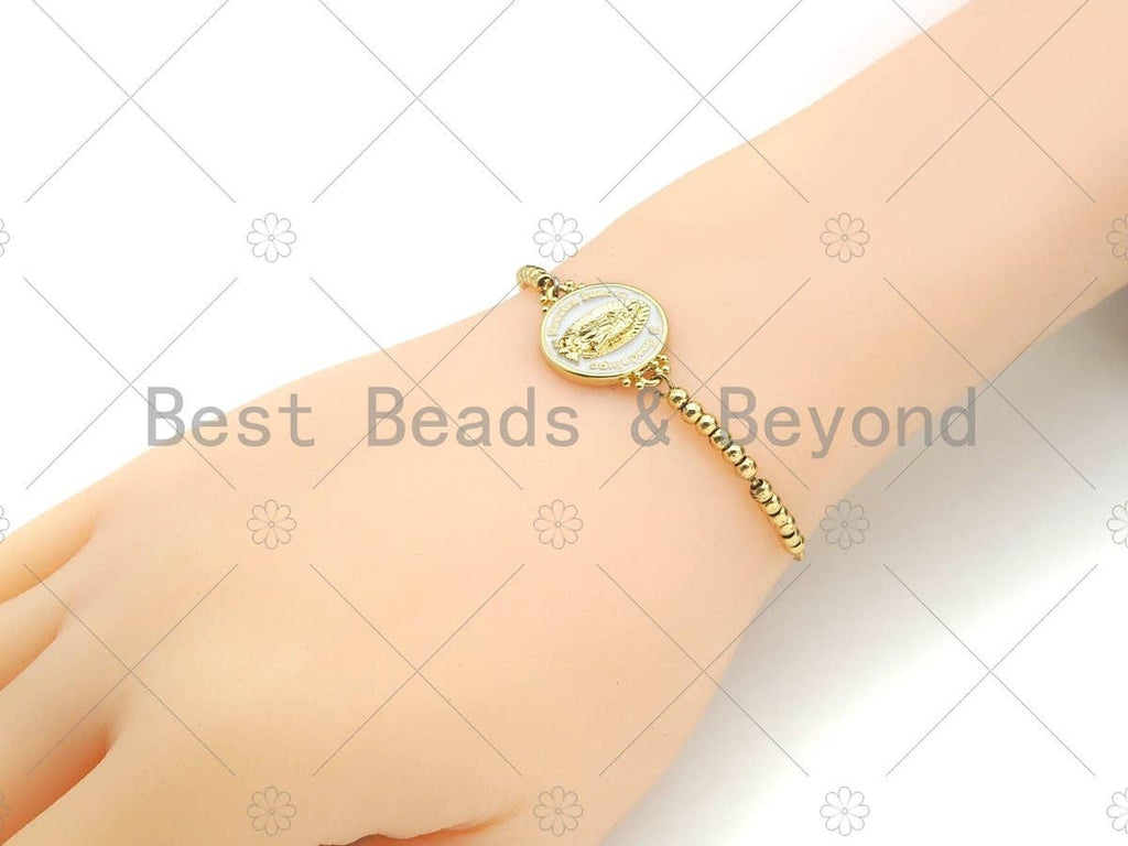Gold Filled White Enamel Virgin Mary On Round Coin Shape Connector, 18K Gold Filled Enamel Link, Enamel Jewelry, 22x17mm,Sku#LD108