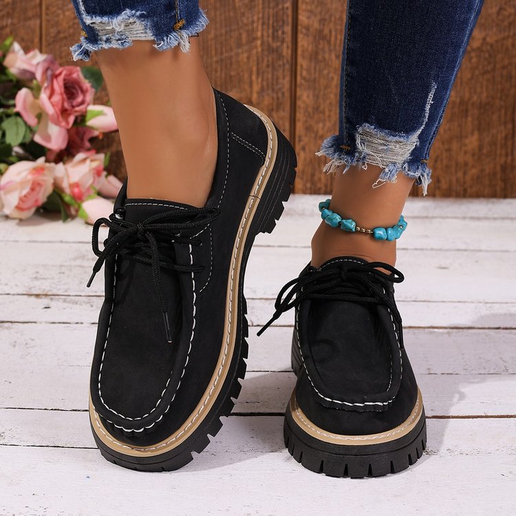 Women's Lace-Up British Striped Loafers | Cow Suede Leather Shoes