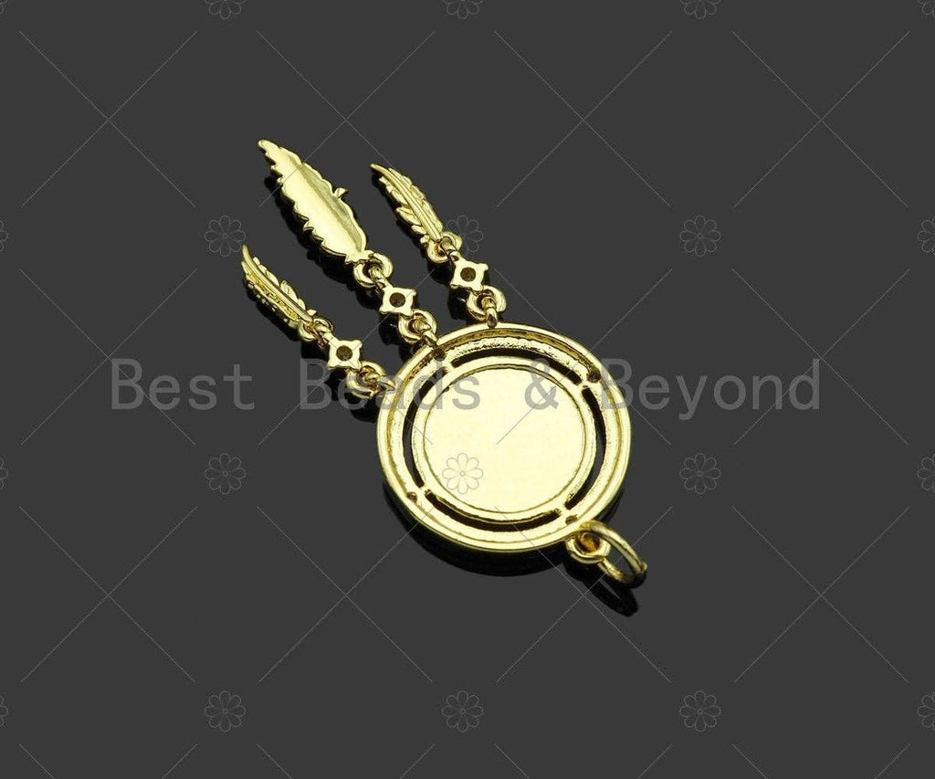 CZ Micro Pave Disc With Feather Shape Pendant Charm,Sku#F1357C
