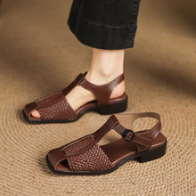 Load image into Gallery viewer, Women's Woven T-Strap Block Heel Sandals | Oiled Cowhide Square-Toe