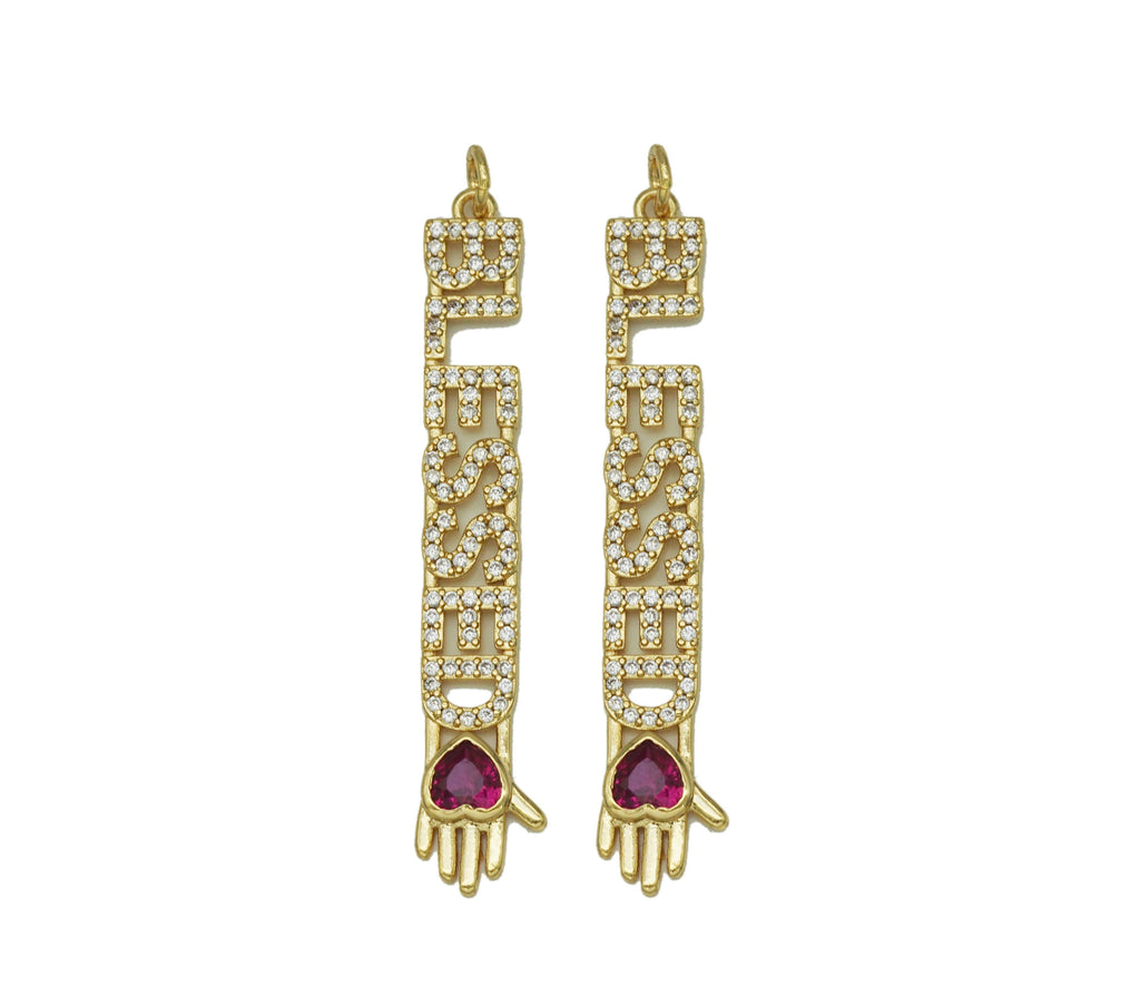 CZ Blessed Words with Hand Shape Charm, Sku#F1489