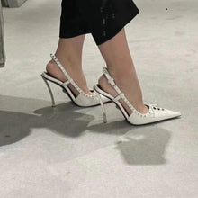 Load image into Gallery viewer, Women's Pointed-Toe Stiletto Heels | Rivet-Back Lace-Up High Heels | Black &amp; White