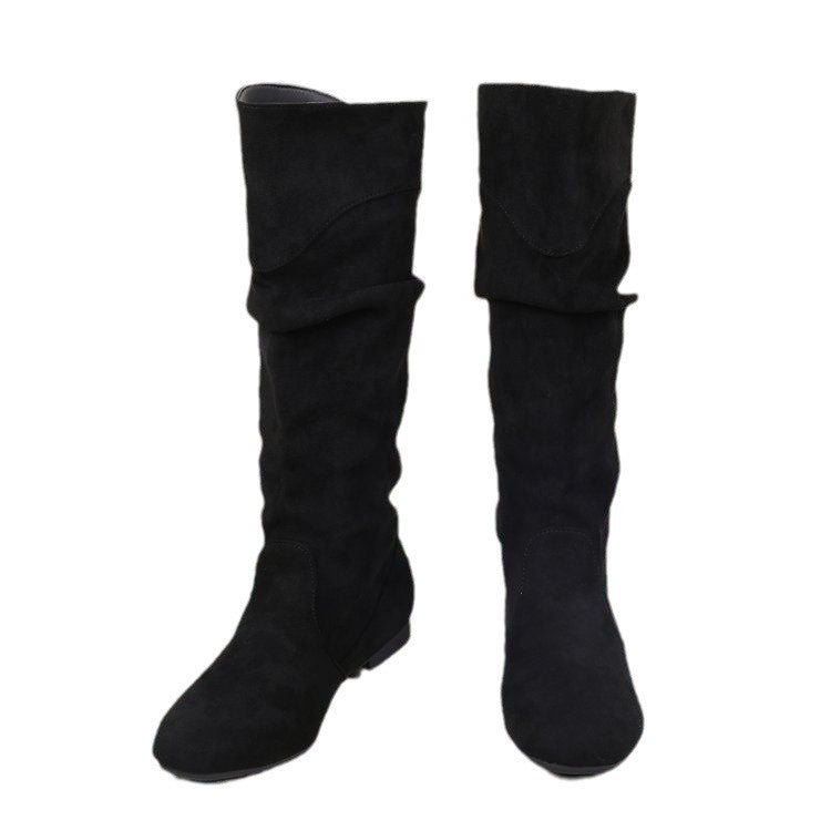 Women's High-Shaft Pleated PU Leather Chunky Heel Boots | Mid-Calf Round Toe