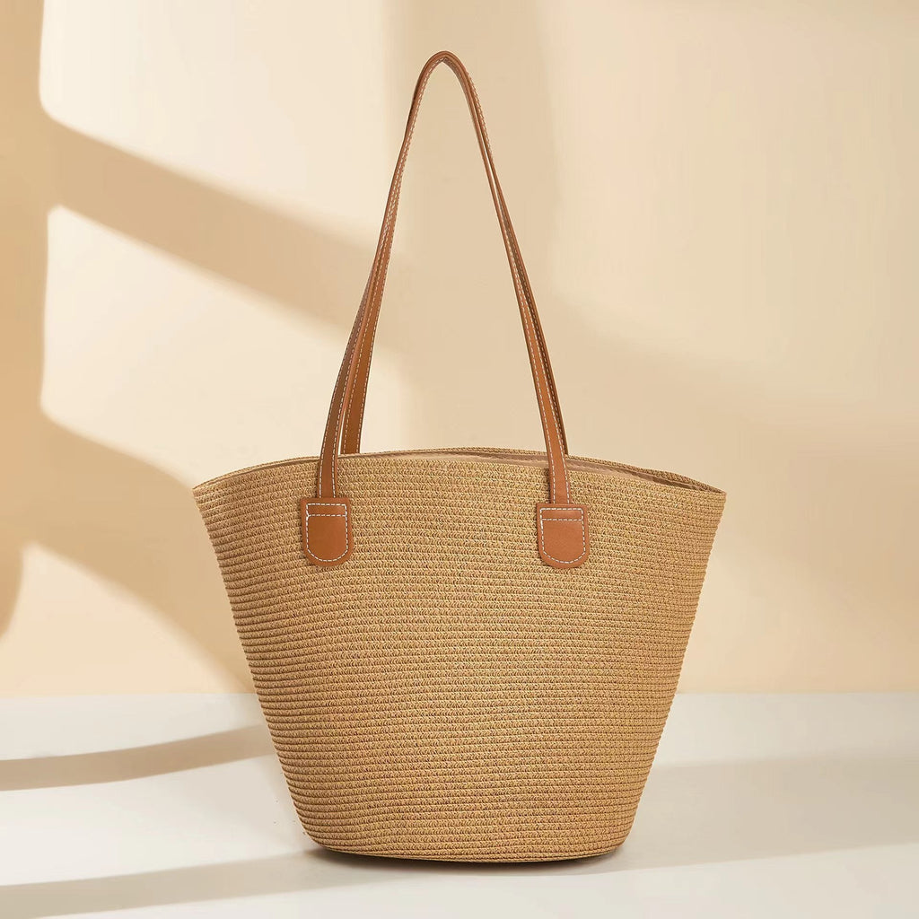 Women's Woven Straw Tote Bag - Minimalist Urban Casual Shoulder Bag with Zipper Compartment