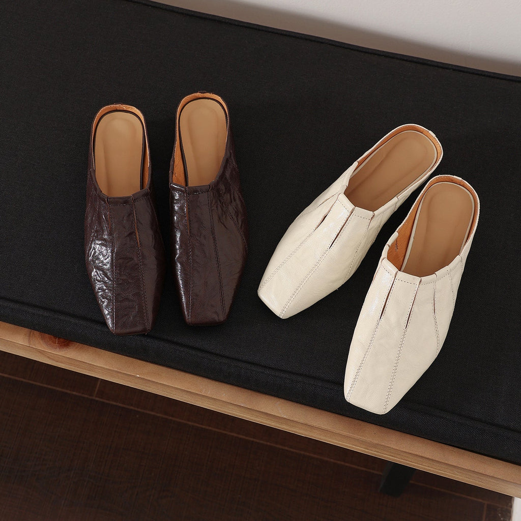 Women's Washed Cowhide Square-Toe Mules | Low Block Heel Backless Shoes