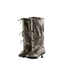 Load image into Gallery viewer, Women's Retro Thigh-High Ballet Boots with Bow Tie Straps - Square Toe Low Heel Fashion Boots