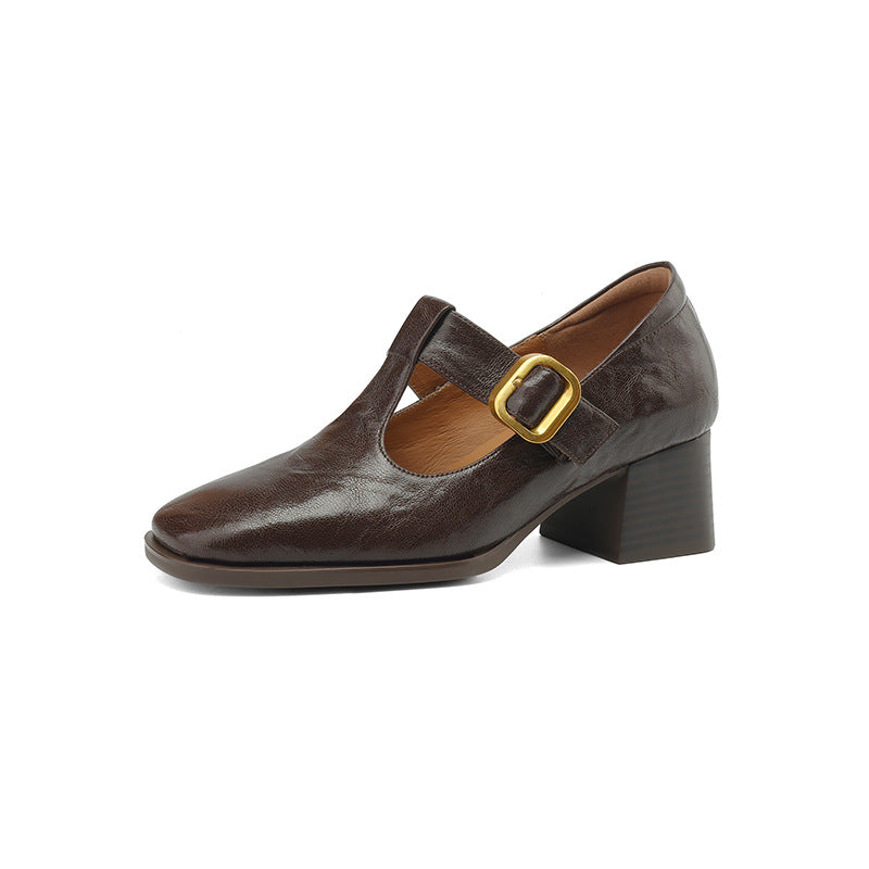 Mary Jane Pumps Women Retro Square Toe Chunky Heel Leather Shoes