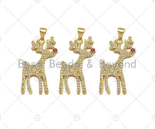 Load image into Gallery viewer, CZ Micro Pave 18k Gold Reindeer Shape Pendant, Cubic Zirconia Pendant, Christmas Charm, CZ Micro Pave Pendant, 28x14mm, Sku#LK209