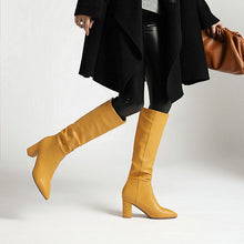 Load image into Gallery viewer, Women's Fleece-Lined Chunky Heel Mid-Calf Boots | Pointed Toe Slip-On Winter Boots