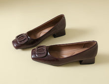Load image into Gallery viewer, Womens Retro Square-Toe Sheepskin Leather Chunky Heel Pumps | Low Heel Slip-On Dress Shoes