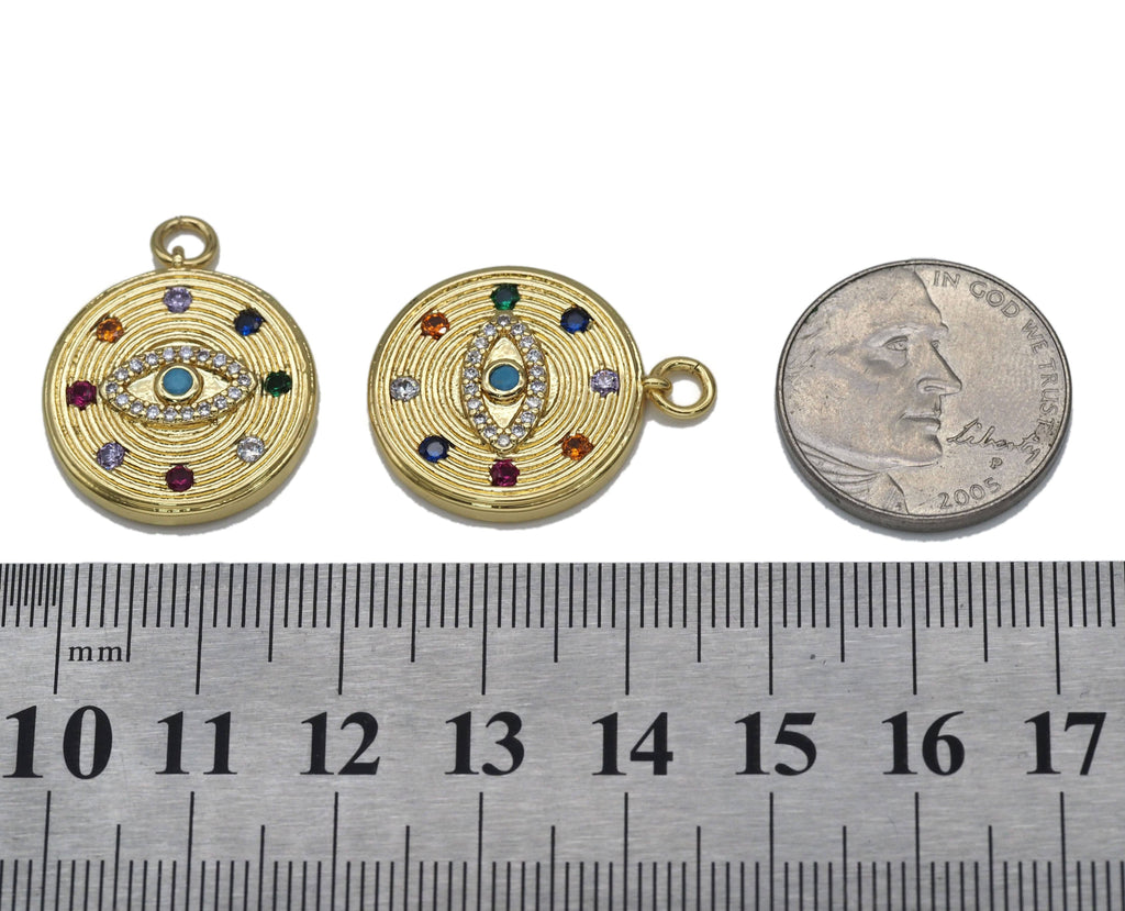 Gold Colorful CZ Evil Eye On Round Coin Charm, Sku#LX98