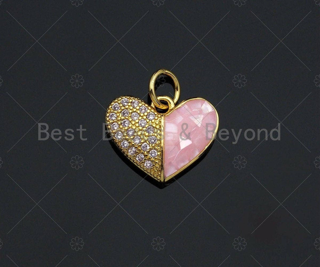 Heart Pink Pendant/Charm, Pink Mother-of-pearl Heart Pendant, Cubic Zirconia Pendant, Gold Tone,14x11 mm, Sku#LK72