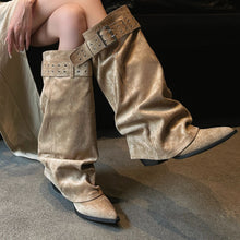 Load image into Gallery viewer, Women's Knee-High Western Boots | Pointed Toe Stiletto Heel | Buckle Detail | Khaki &amp; Black