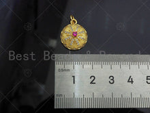 Load image into Gallery viewer, Gold Filled CZ Micro Pave Flower Pattern On Round Shape Pendant, 18K Gold Filled Fuchsia CZ Charm, Necklace Bracelet Pendant,mm,Sku#LK346