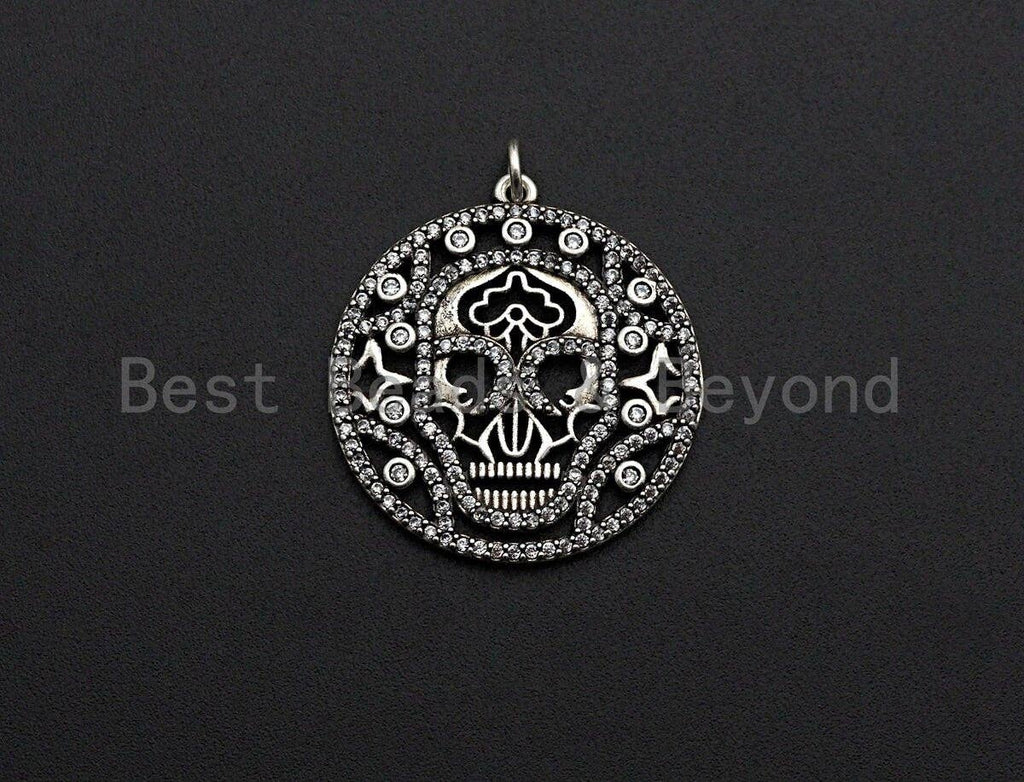 CZ Micro Pave Hollow Out Skull With Ring Pendant, Antique Silver Tone, Cubic Zirconia Pave Round Pendant, 29x32mm,sku#F1025