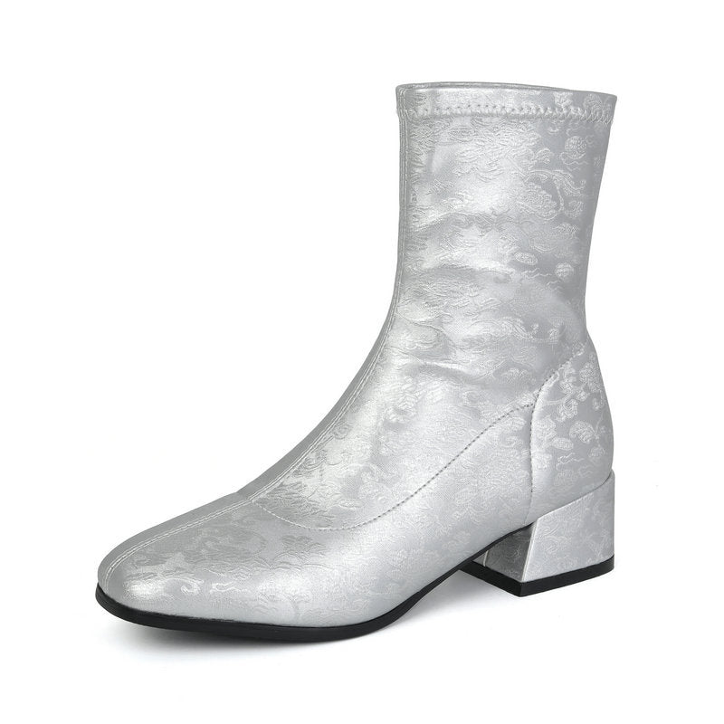 Women's Floral Embroidered Chunky Heel Booties | Retro Square Toe Slip-On Ankle Boots