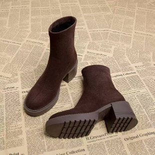 Women's Brown Heeled Ankle Boots – Cutout Back Zipper Mid Heel Booties for Petite Women