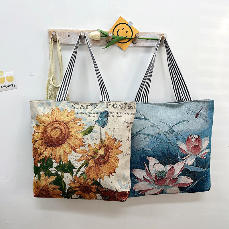 Gold-thread Canvas Crossbody Bag – Blue Floral | Stylish Everyday Shoulder Bag