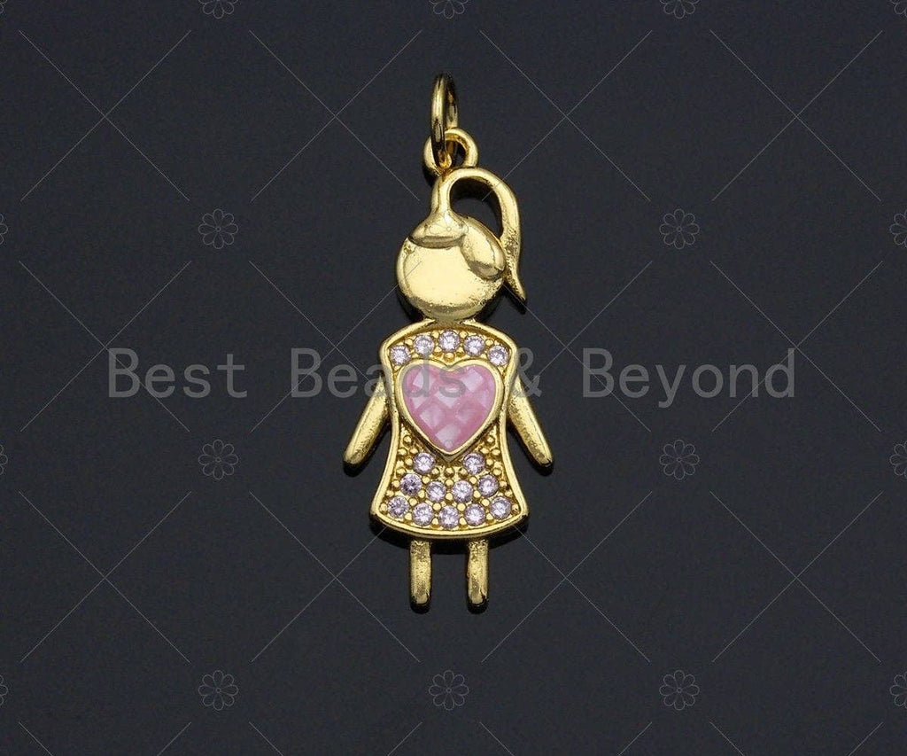 Girl With Pink Heart Pendant/Charm, Mother-of-pearl Inlay Heart Pendant, Cubic Zirconia Pendant, 11x26mm, Sku#LK74