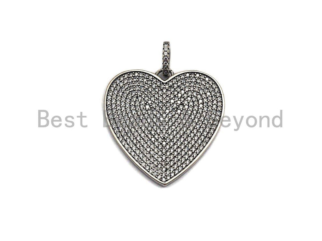Rhidium CZ Micro Pave Heart Pendant, Heart Shaped Pave Pendant, Antique Silver Color Heart, 31x32mm, Sku#X119