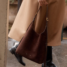 Load image into Gallery viewer, Women's Suede Bucket Shoulder Bag – Genuine Leather Drop-Ear Handbag with Patchwork Detail