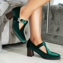 Load image into Gallery viewer, Women's Suede Chunky Heel Pumps – Square Toe Buckle Block Heels | Black, Wine Red, Green