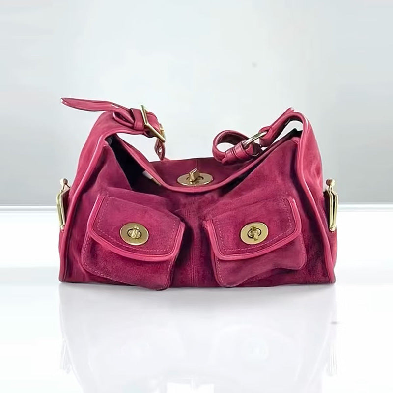 Retro Minimalist Women's Shoulder Bag with Multiple Pockets - Suede Commuter Handbag