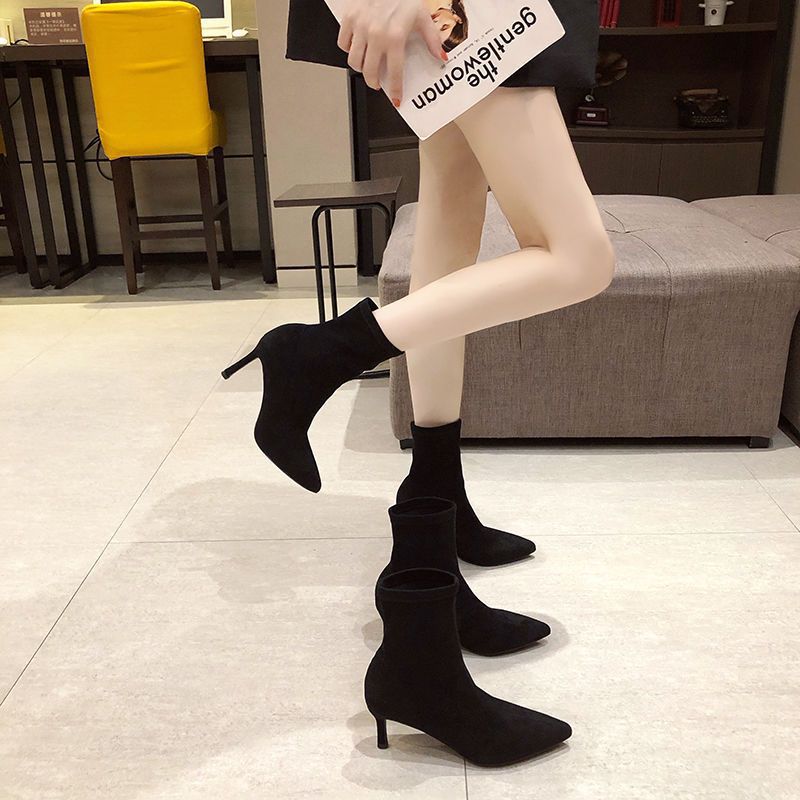Women's Suede Stiletto Mid-Calf Boots | Slip-On Korean Style | Black | Sarah Express