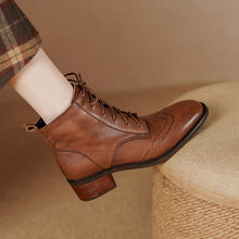 Load image into Gallery viewer, Women's Retro Leather Ankle Boots – Chunky Heel, Side Zipper &amp; Lace-Up | Cowhide Upper