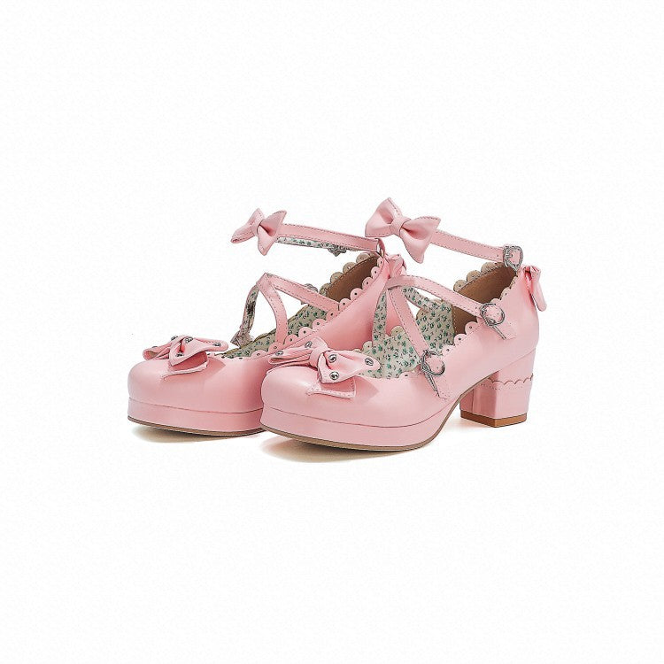 Women's Retro Cute Bow-Clasp Chunky Heel Pumps | Round Toe Block Heels
