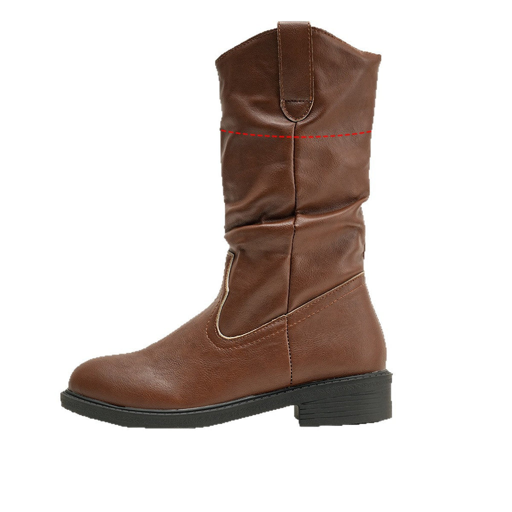 Women's V-Cut Pleated Mid-Calf Boots – Chunky Heel Pointed Toe PU Leather Slip-On
