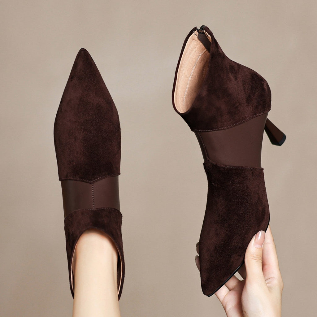 Women's Spliced Short Martin Boots – Suede Stiletto Heel Ankle Boots with Back Zipper