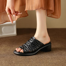 Load image into Gallery viewer, Women's Ruched Slide Sandals | Genuine Lambskin Block Heel Open-Toe Mules