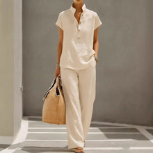 Load image into Gallery viewer, Cardigan &amp; Short Sleeve Top + Pants Three-Piece Set – Solid Color Casual Lounge