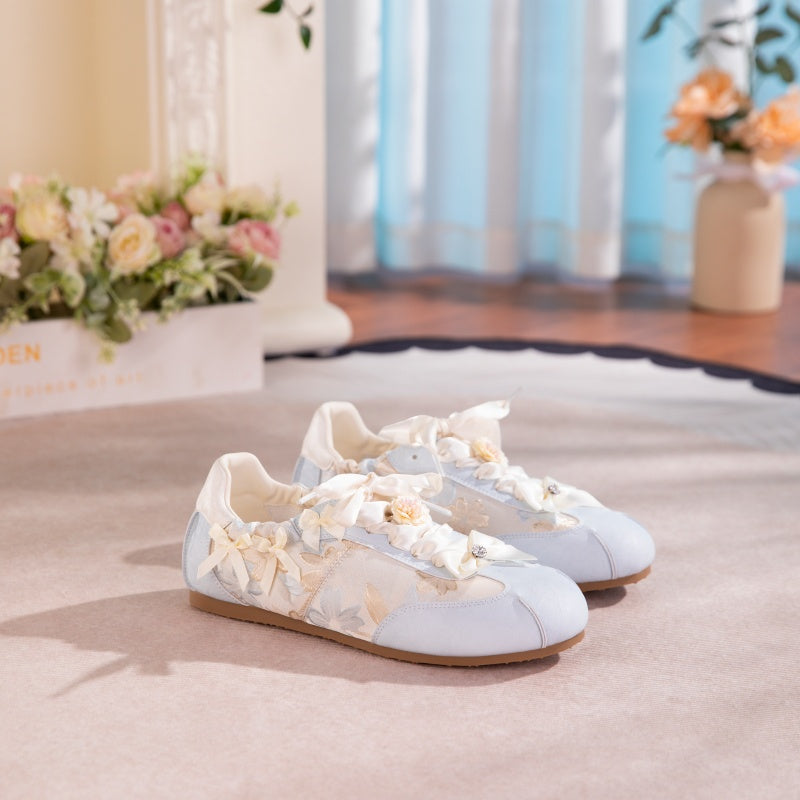 Women's Bow Detail Flat Shoes | Embroidered Fabric Round-Toe Slip-On